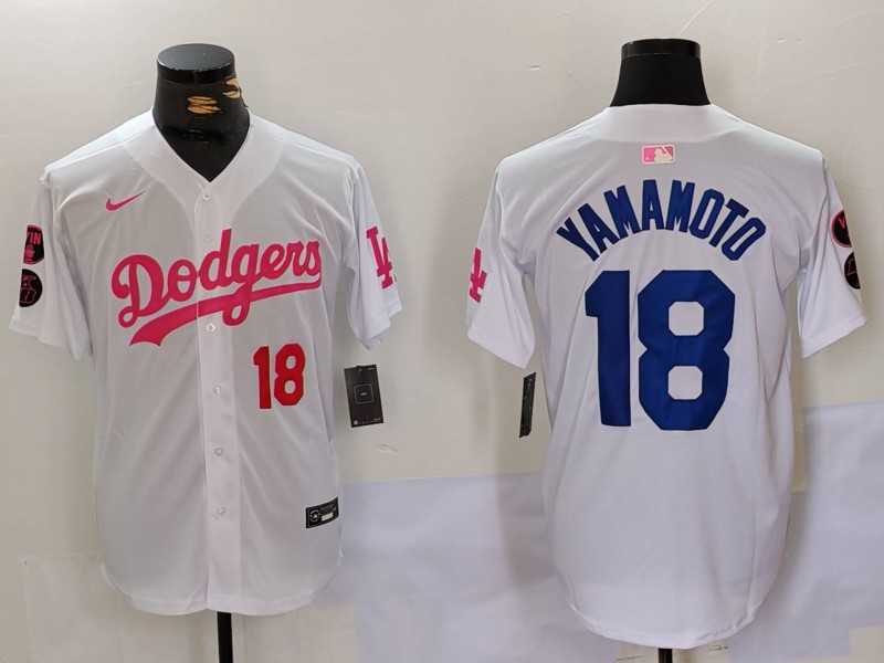 Men%27s Los Angeles Dodgers #18 Yoshinobu Yamamoto White Pink Vin & Kobe Patch Stitched Baseball Jerseys->los angeles dodgers->MLB Jersey